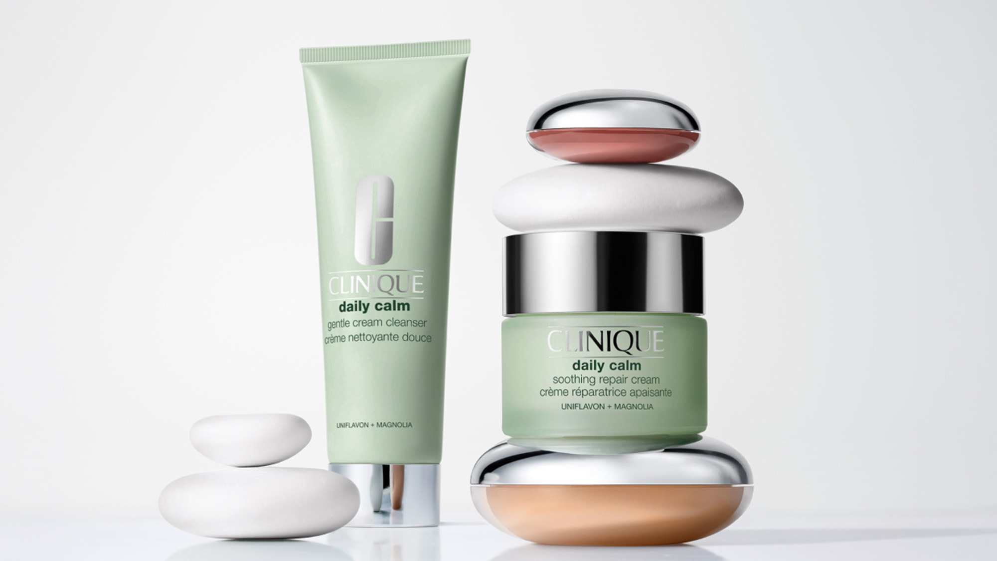 Clinique Daily Calm skincare collection including gentle cleanser and soothing repair cream