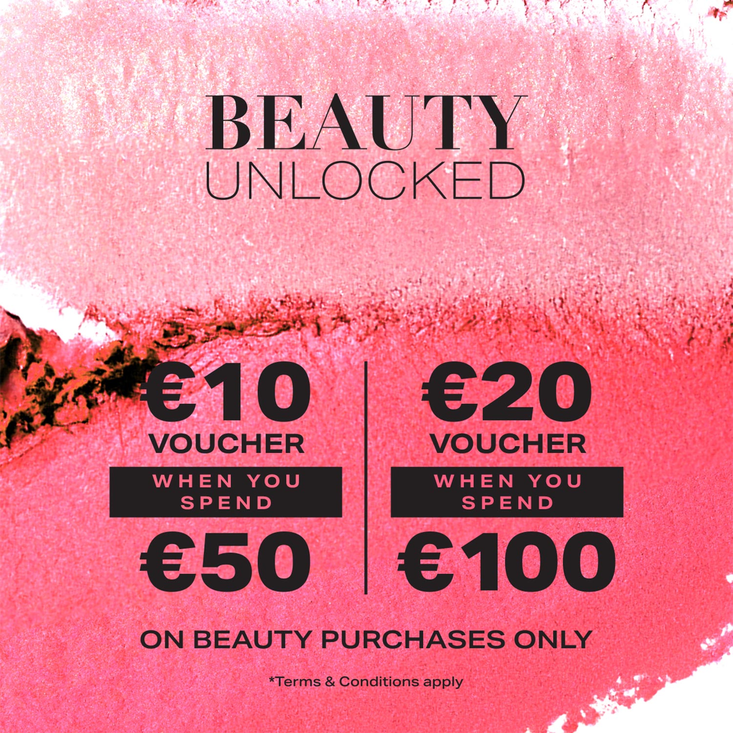 Beauty Unlocked promotion offering vouchers: €10 voucher when spending €50, €20 voucher when spending €100 on beauty purchases