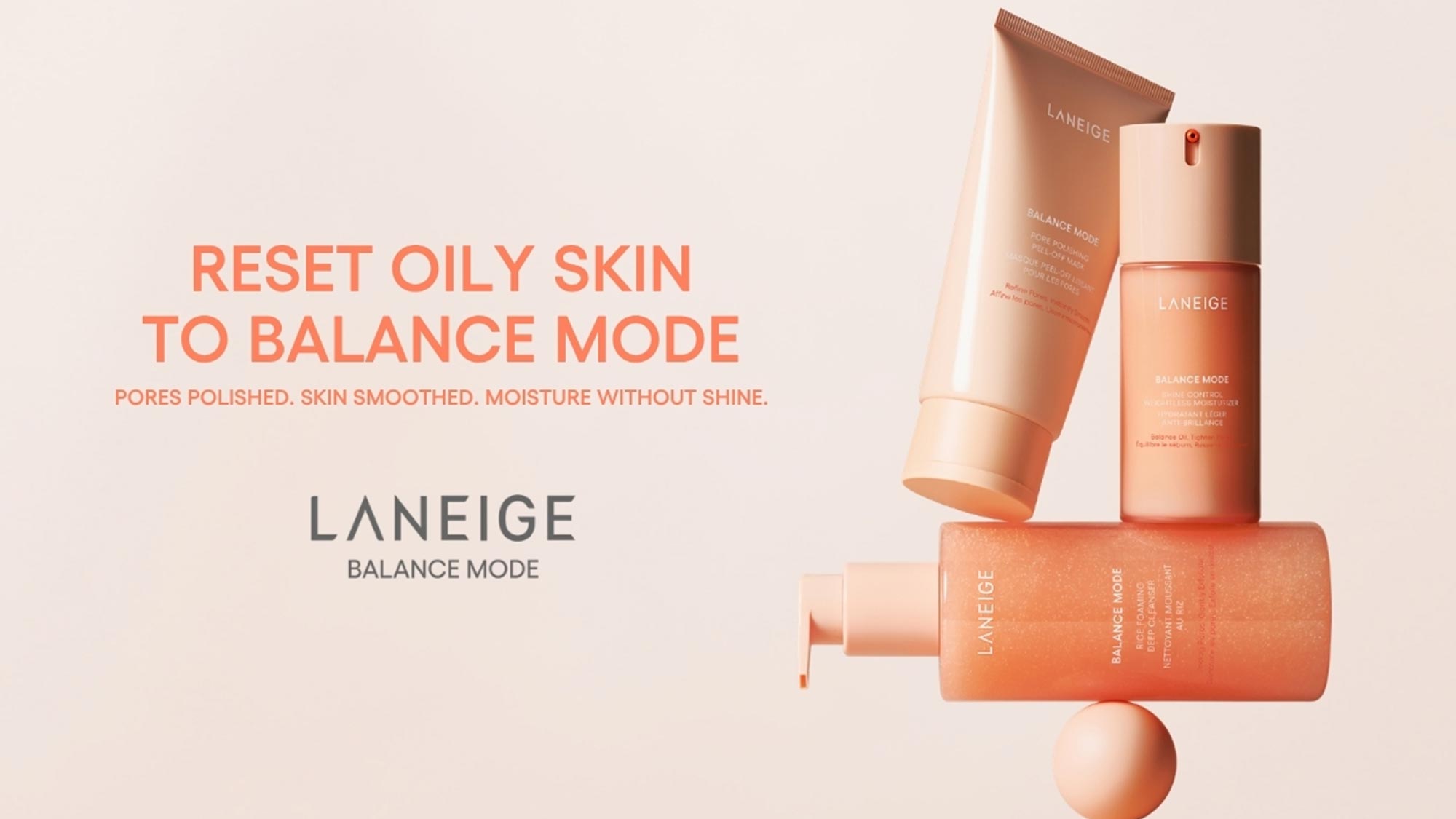 Laneige Balance Mode skincare collection with toner, lotion and cream in orange packaging displayed with product benefits text