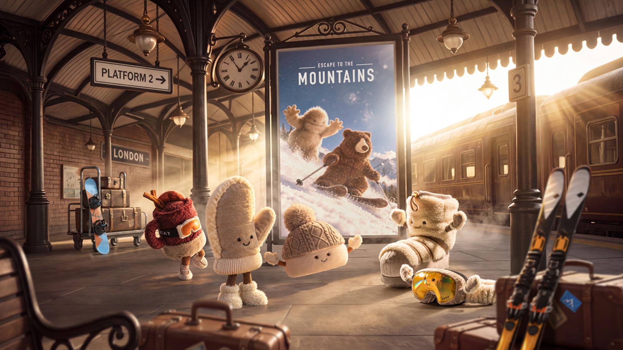 Animated plush toys at vintage train station with mountain skiing scene visible through window, winter holiday theme
