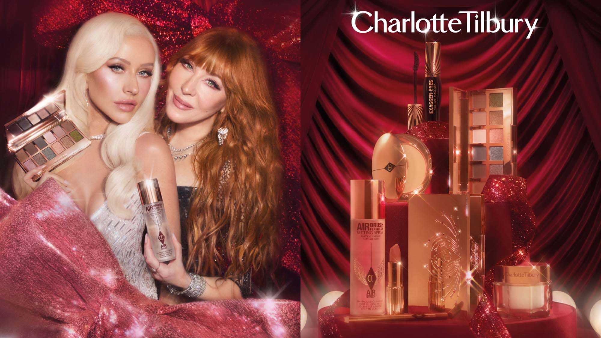 Charlotte Tilbury Christmas gift set featuring makeup and beauty products with two women models against red sparkly background.
