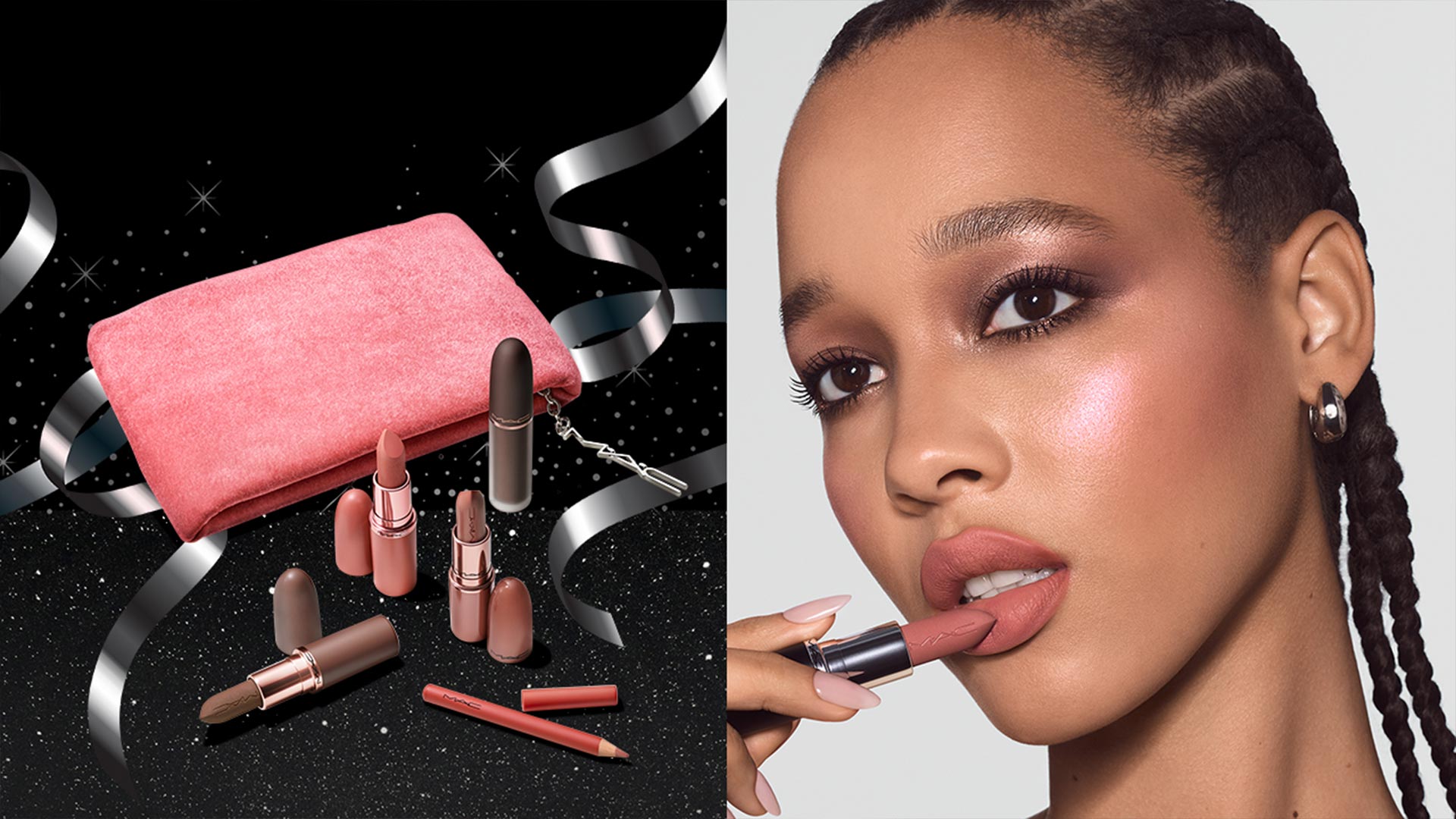 M.A.C makeup collection featuring pink wallet, multiple lipsticks, eyeliner and lip products on starry black background, with model applying nude lipstick