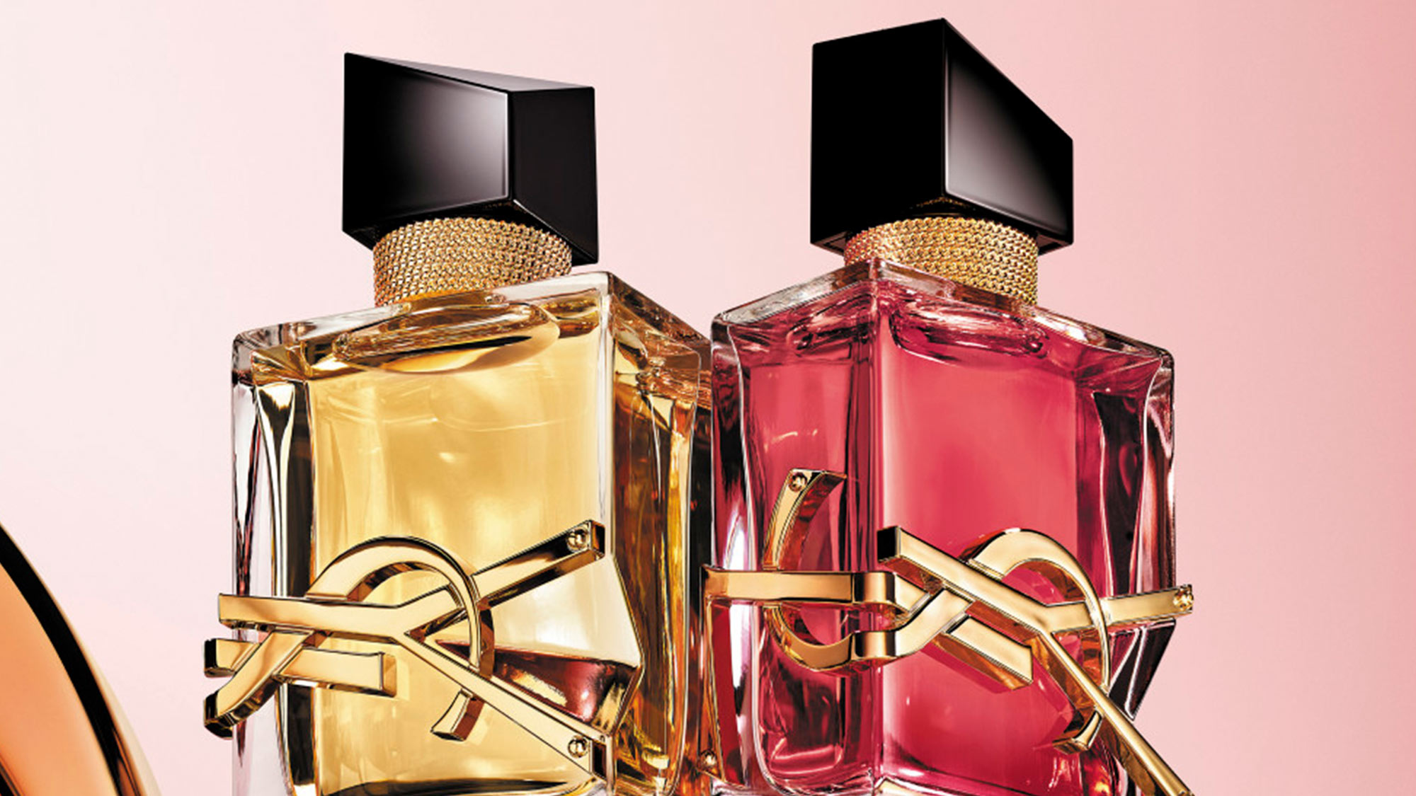 Two elegant perfume bottles, one with a yellow liquid and the other with a pink liquid, on a gold reflective surface against a pink background.