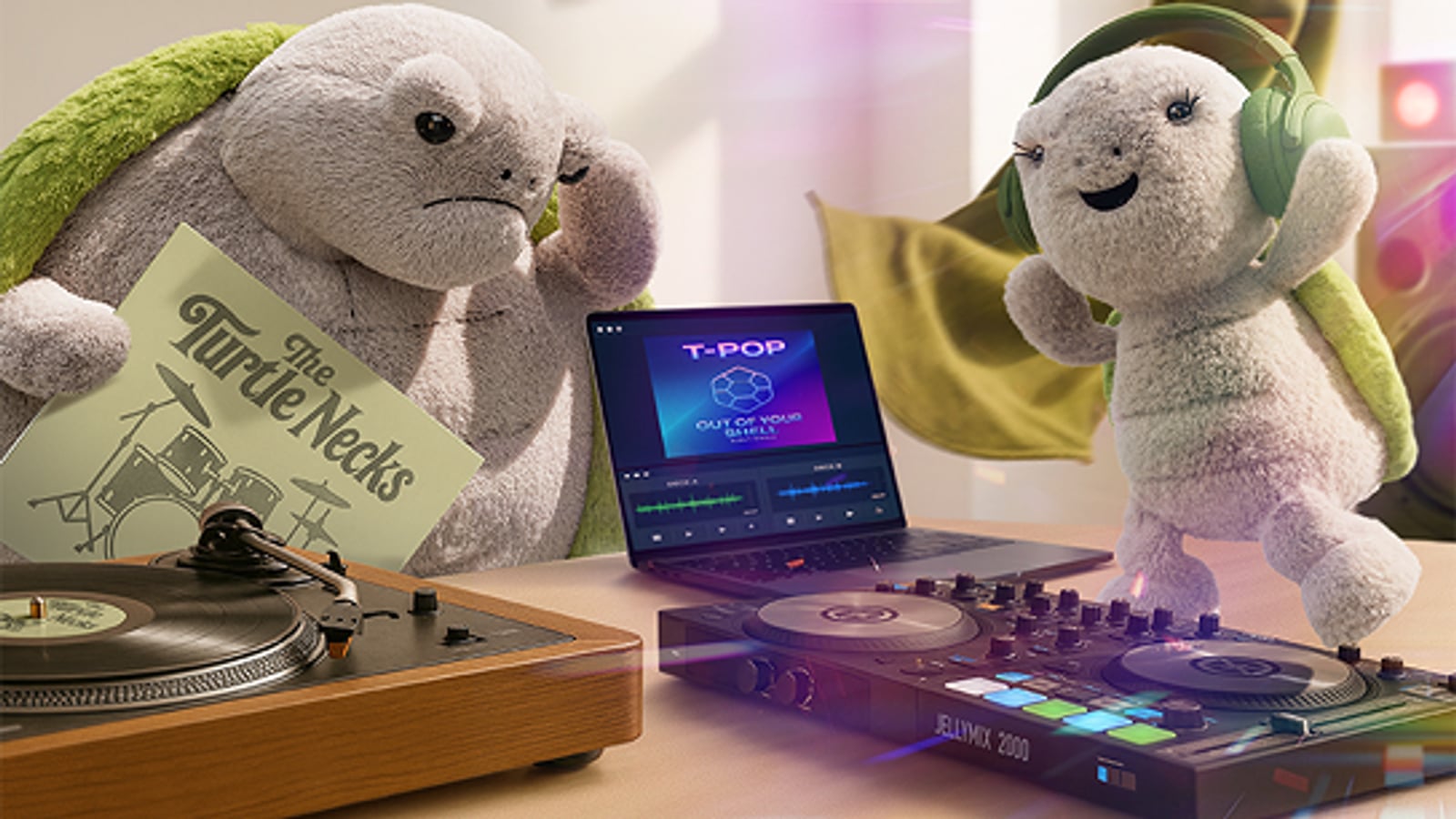 Stuffed turtle toys DJing with records and equipment in a cozy room.