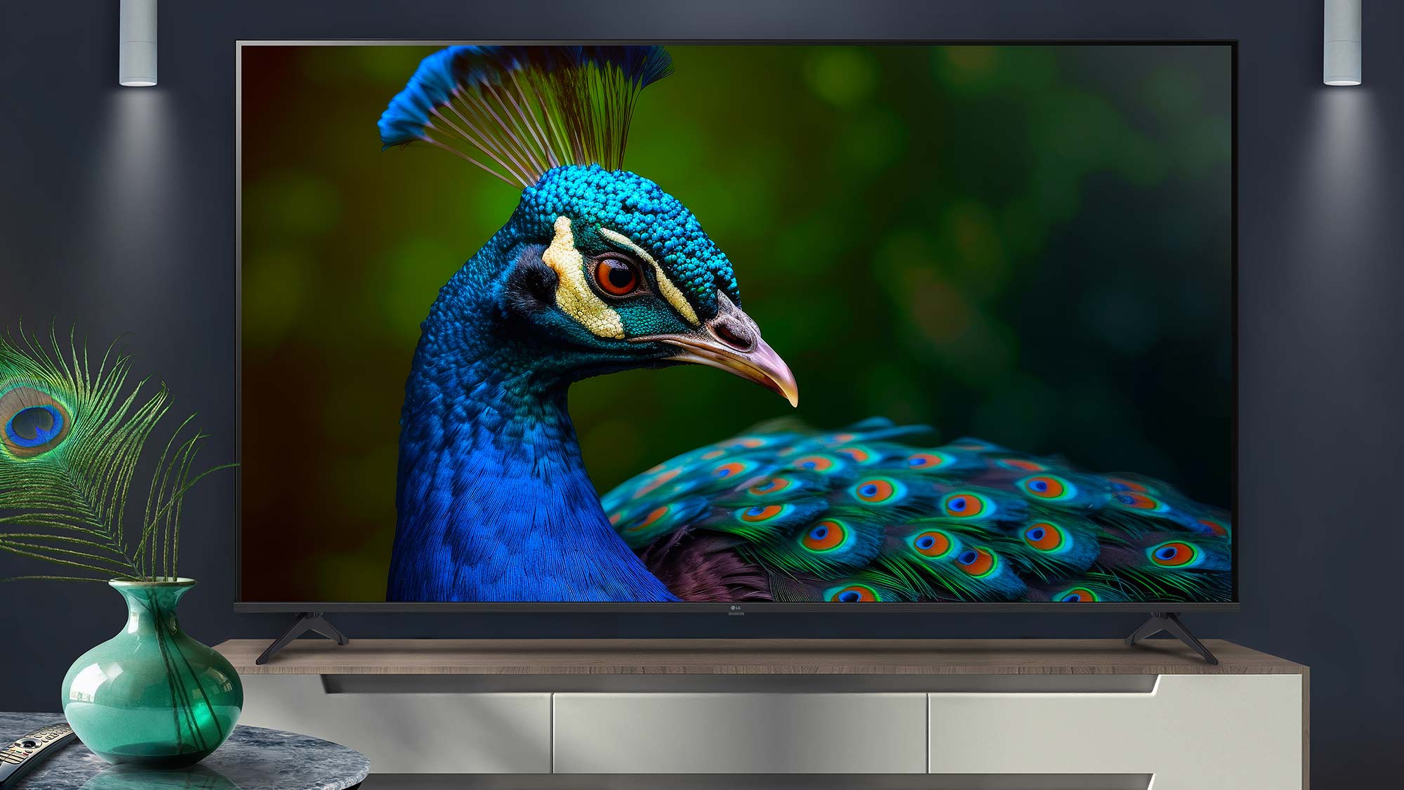 A modern living room with a wall-mounted TV displaying a close-up of a peacock. A vase with peacock feathers is on the table.