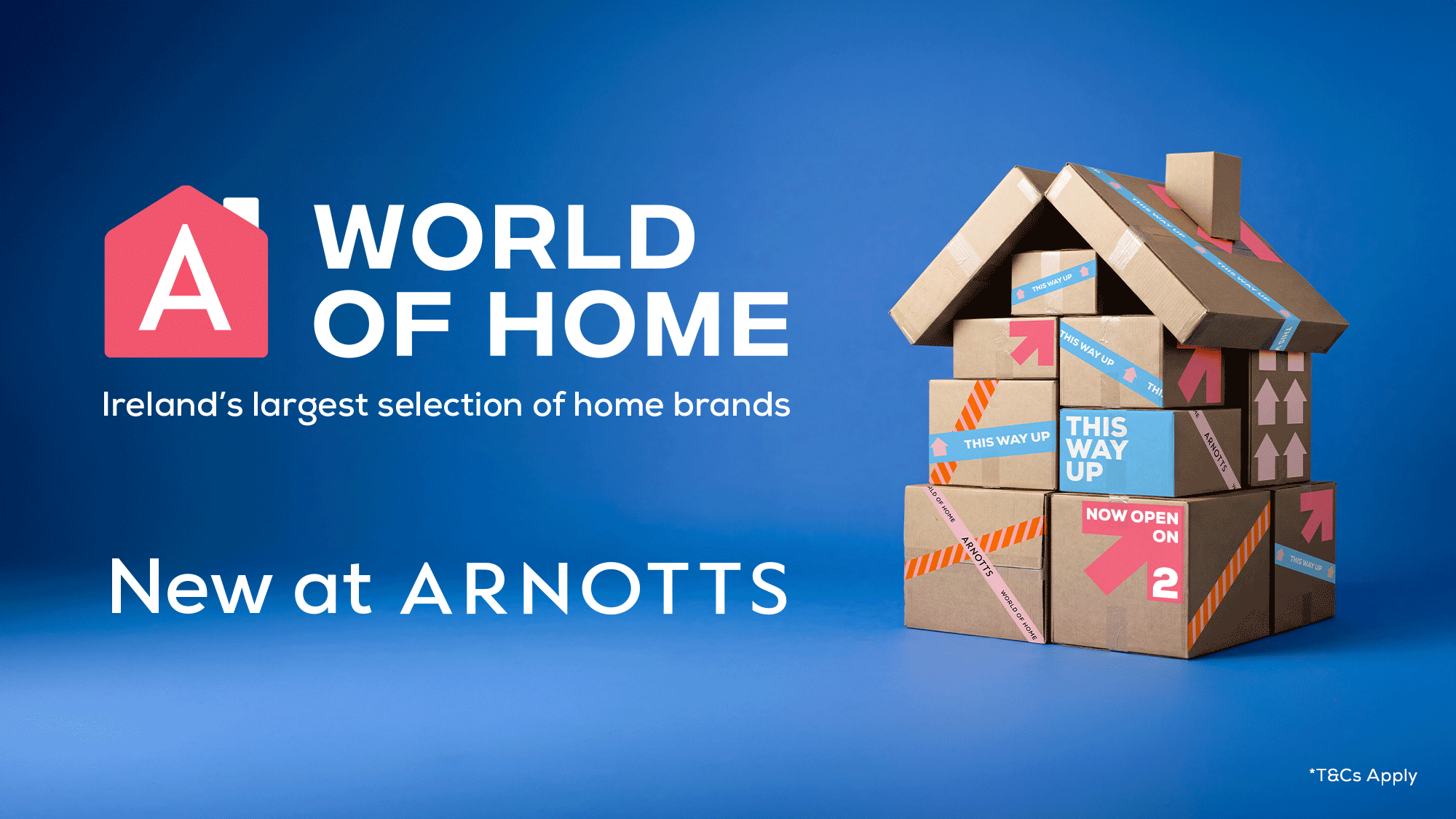 World of Home logo with house-shaped stack of cardboard boxes and promotional text announcing new home brands at Arnotts with up to 70% off