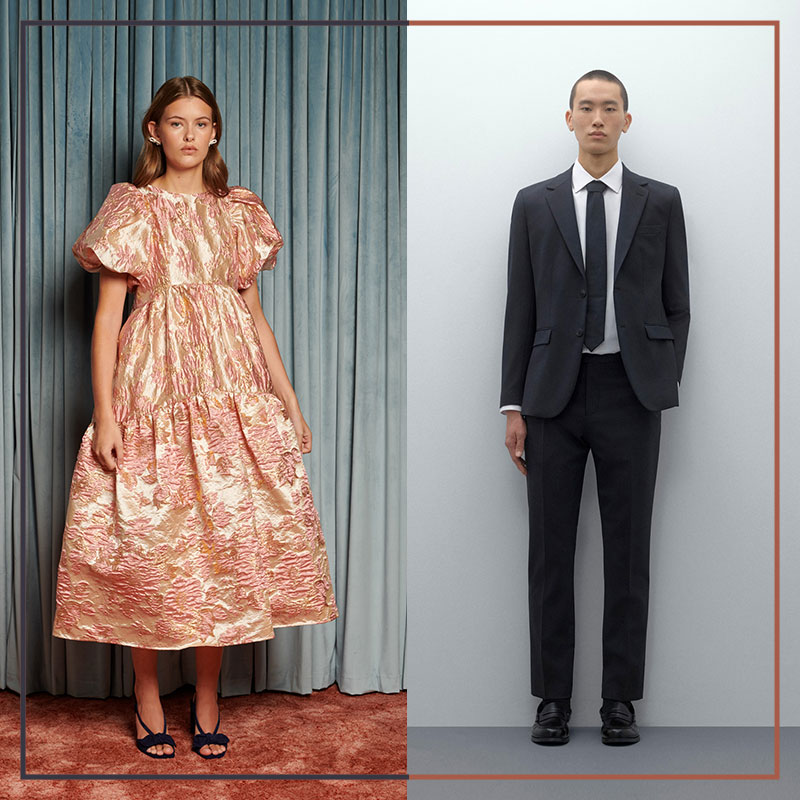 A woman in a textured pink dress and a man in a black suit stand side by side against different backgrounds.