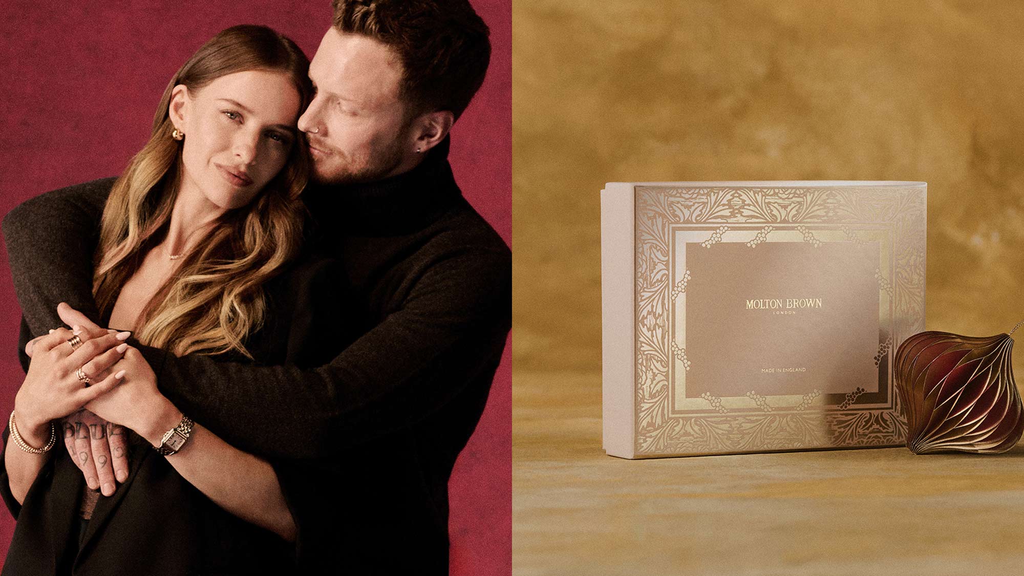 A couple embracing against a red background, next to a Molton Brown gift set on a beige surface.