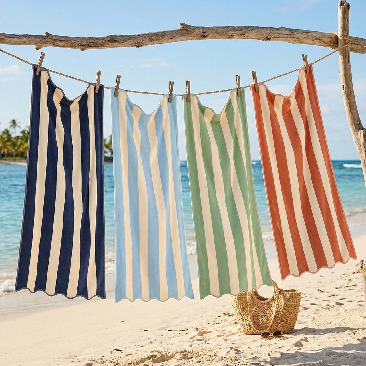 Four striped beach towels in navy, blue, green and coral hanging on wooden frame on sandy beach with ocean background