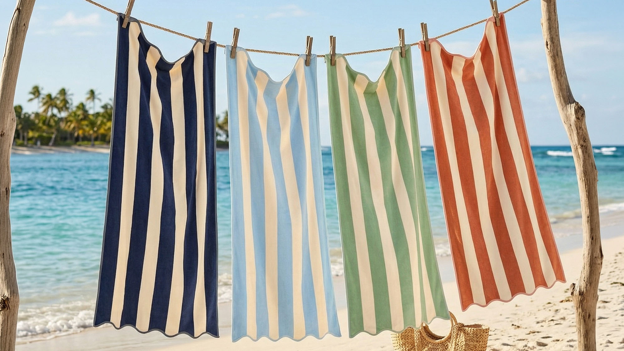 Five striped beach towels hanging on a line by the seaside.