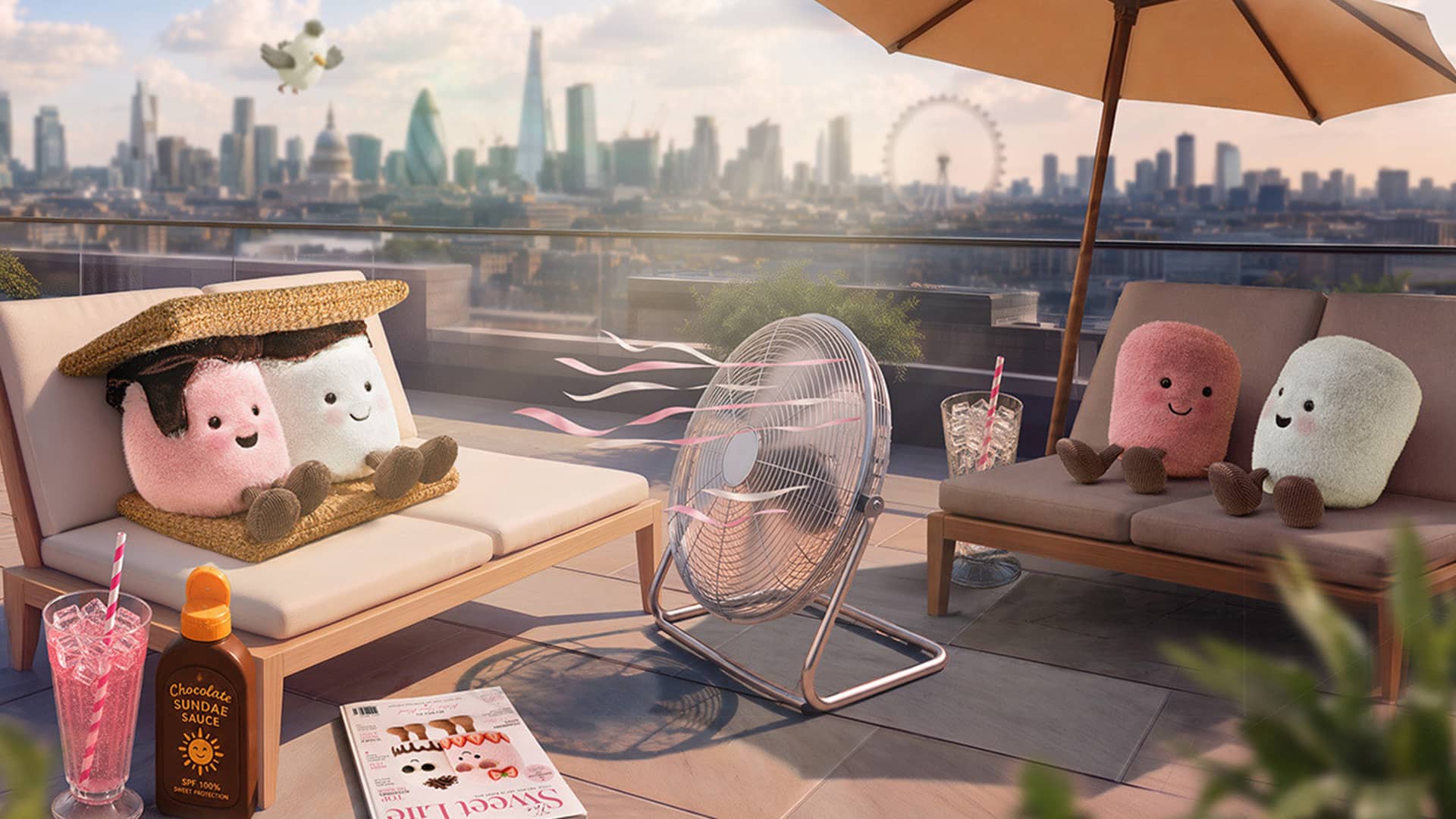Colourful Jellycat plush toys relaxing on a sunny rooftop terrace with city skyline view