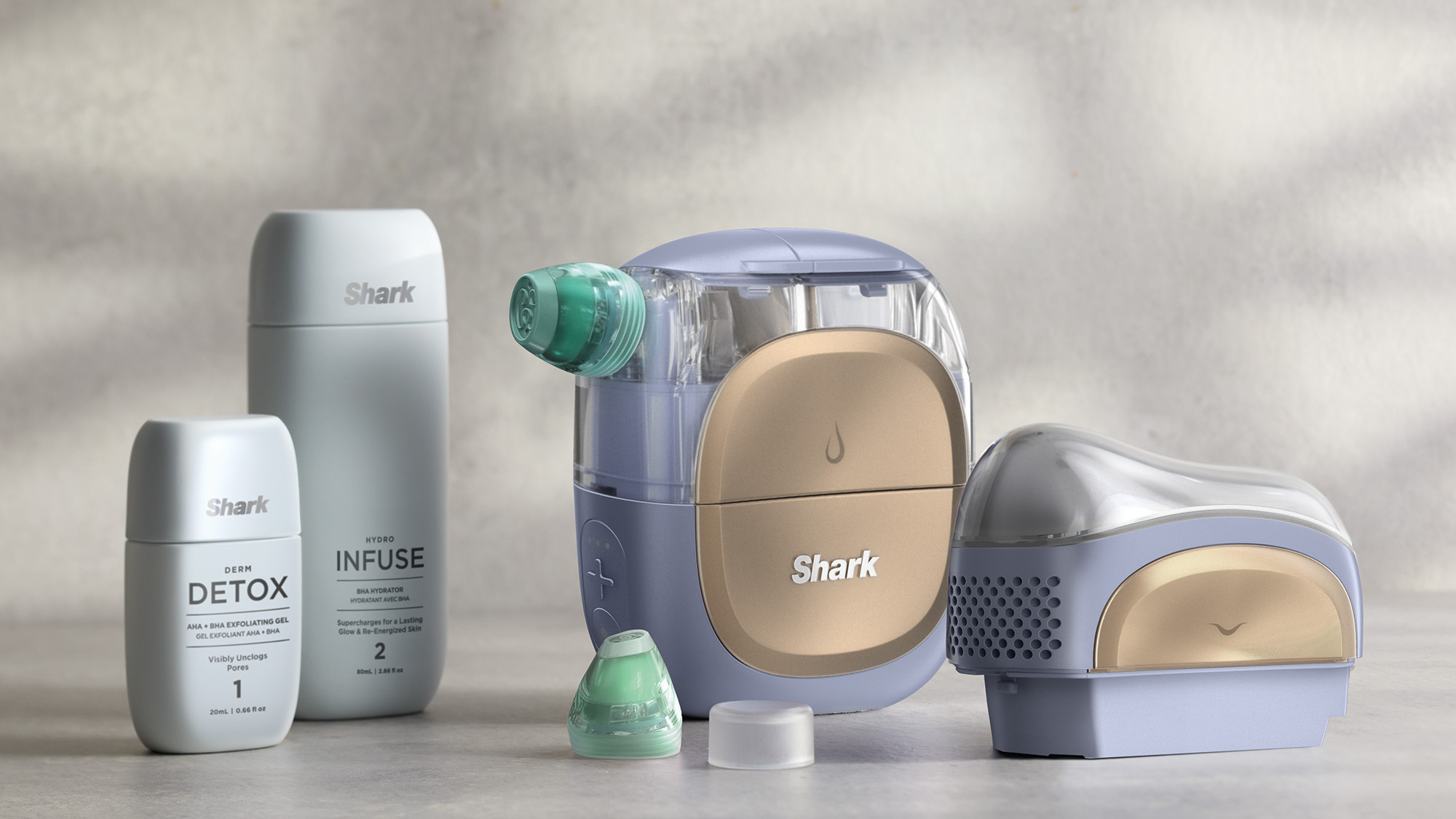 A collection of Shark cleaning products, including a mop and cleaning solutions, displayed on a neutral surface.