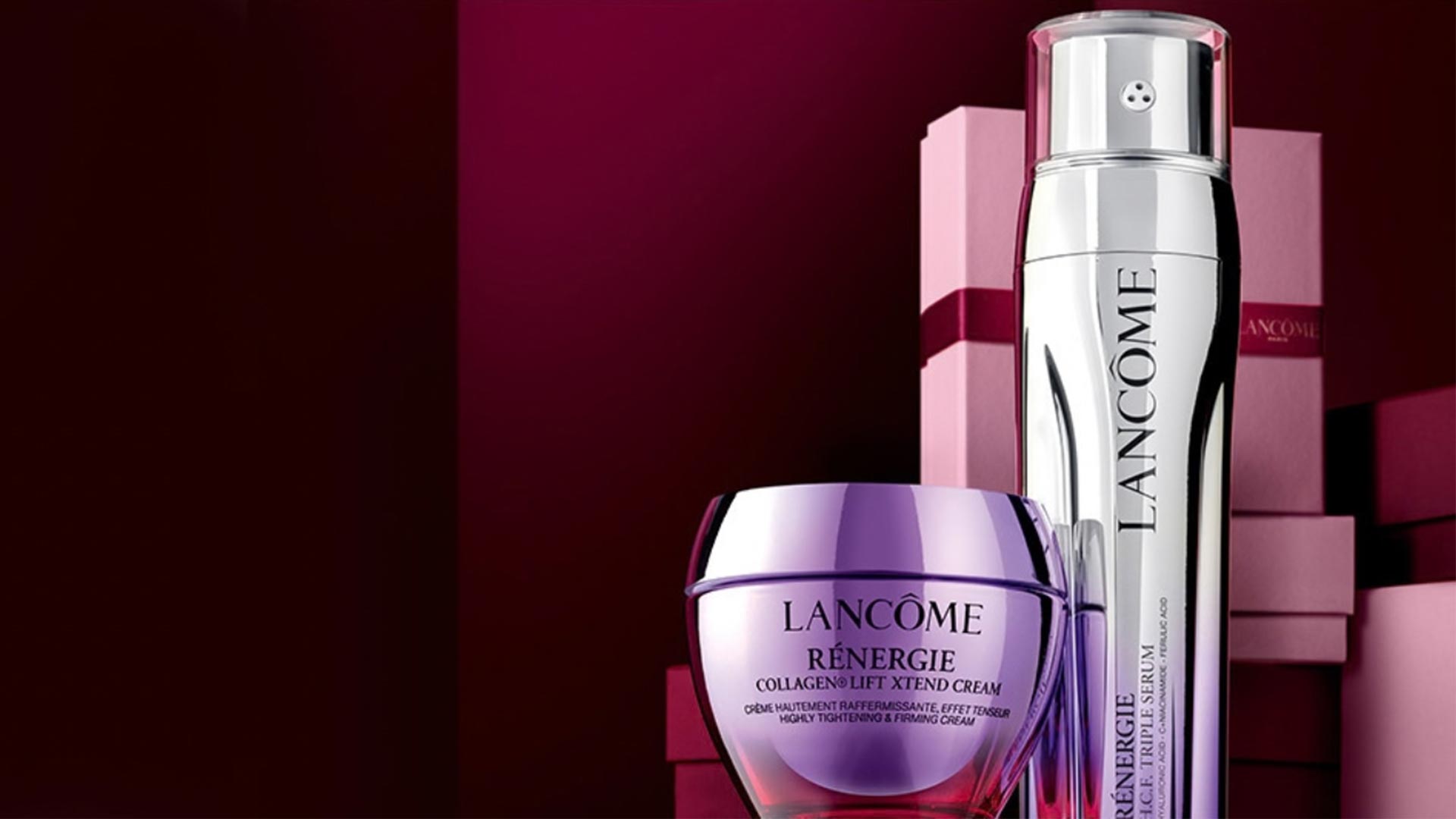 Lancôme Rénergie Collagen Lift Xtend Cream jar and serum spray on burgundy background