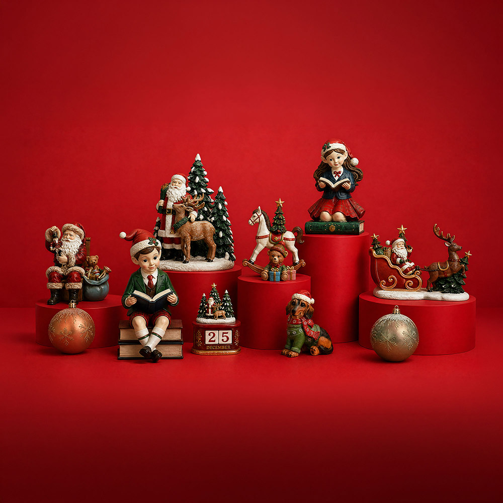 Storybook Christmas scene with figurines including Santa, children, reindeer, teddy bears and decorative baubles