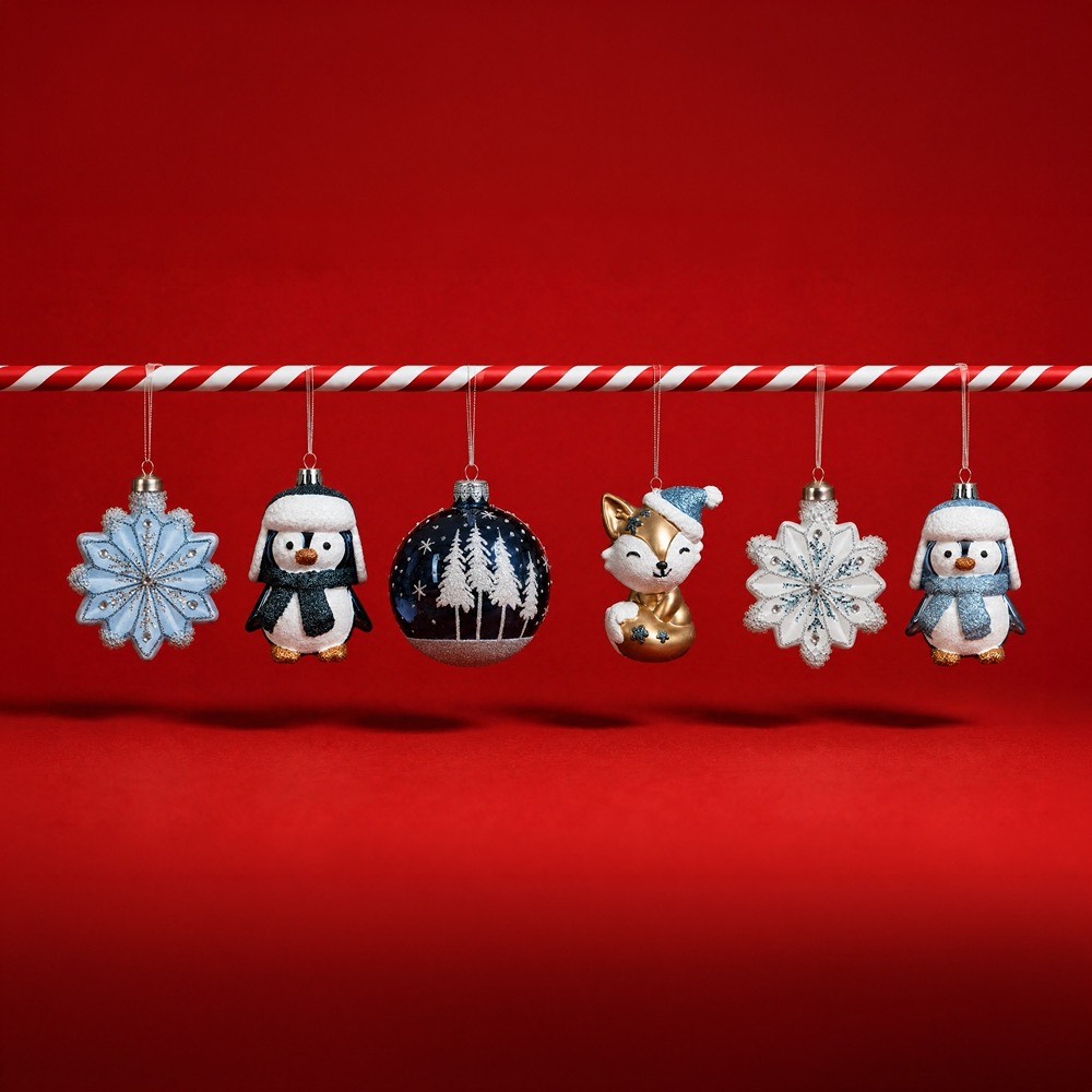 Blue and white festive ornaments including snowflakes, penguins, reindeer and baubles hanging from a red and white candy cane garland