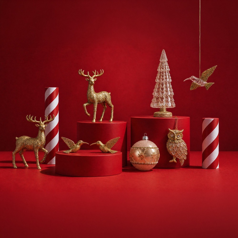 Golden Christmas decorations including reindeer, birds, tree, owl and baubles with red and white striped candles on red pedestals