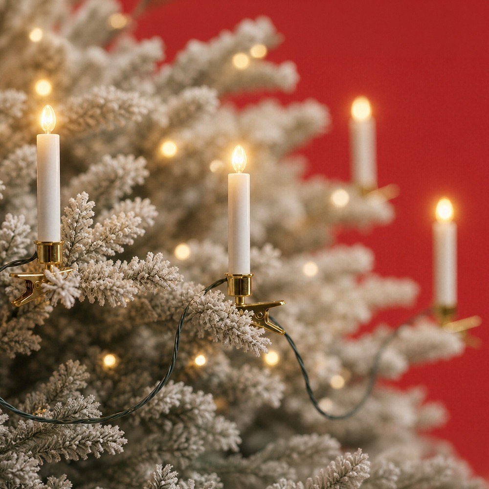 Lit candles in brass holders nestled in frosted evergreen branches with twinkling fairy lights