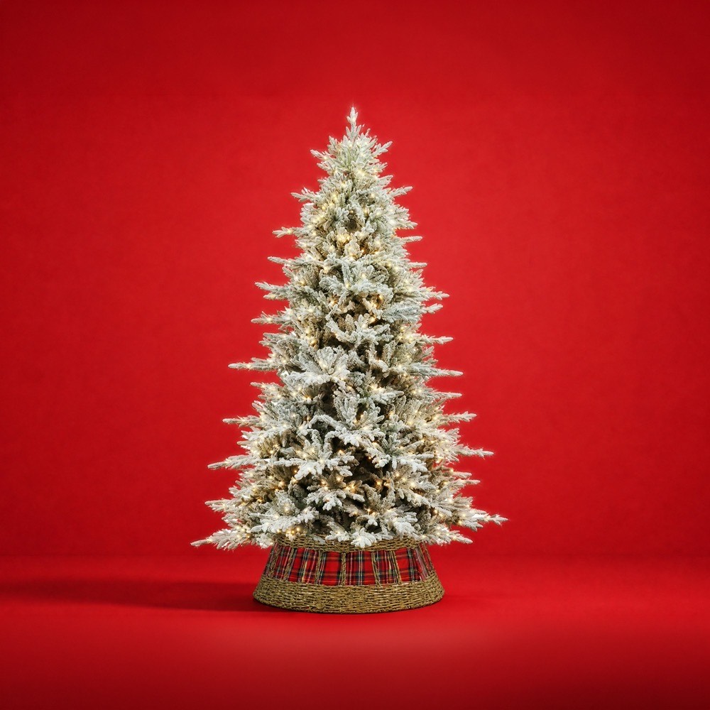 Frosted Christmas tree with white-tipped branches in red tartan and woven base against red background