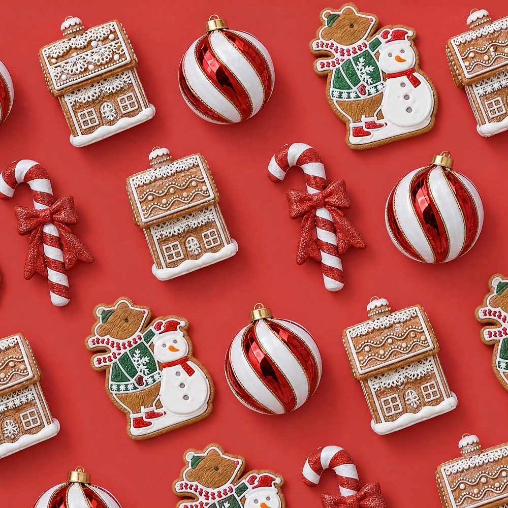 Christmas baubles, gingerbread houses, candy canes, snowmen and festive bows arranged on a red background