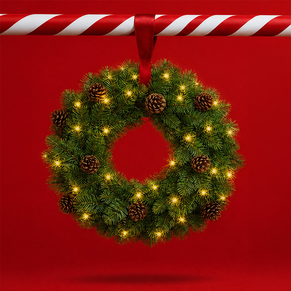 Three illuminated Christmas wreaths with pinecones and varied foliage hanging from candy cane-striped garland