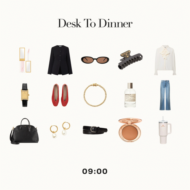 Open magazine displaying fashion items: a beige suit, black sunglasses, a handbag, and red Valentino heels on a polaroid photo.