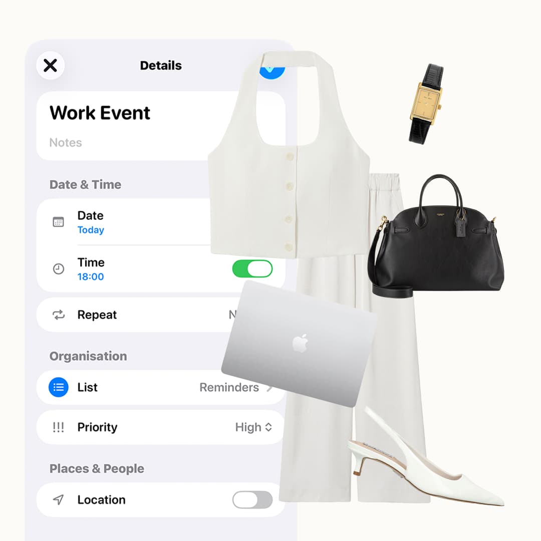 Woman swapping office tote bag for elegant evening handbag to complete work-to-dinner transition