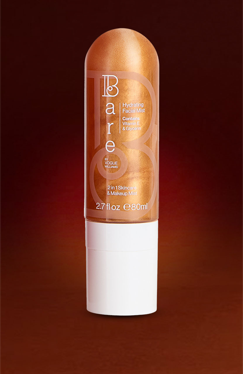 A bottle of Bare by Vogue hydrating facial mist with a copper-toned liquid inside, set against a gradient brown background.