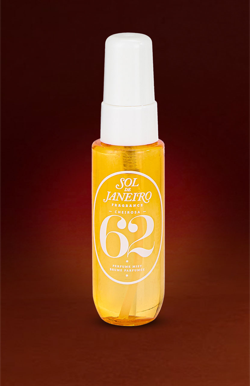 A bottle of Sol de Janeiro Cheirosa '62 perfume mist on a gradient brown background.