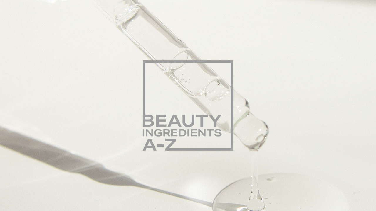 A dropper releasing liquid with the text 'Beauty Ingredients A-Z' overlaid.