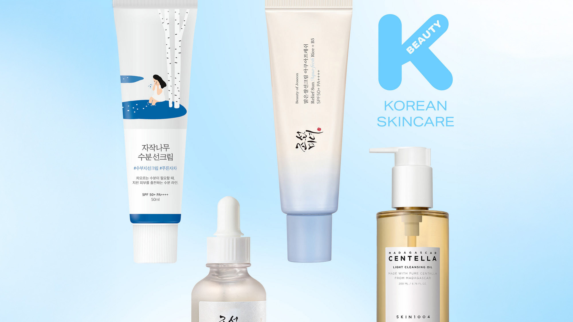 Korean skincare products on a light blue background with the 'K-Beauty' logo. Products include creams, serums, and lotions.