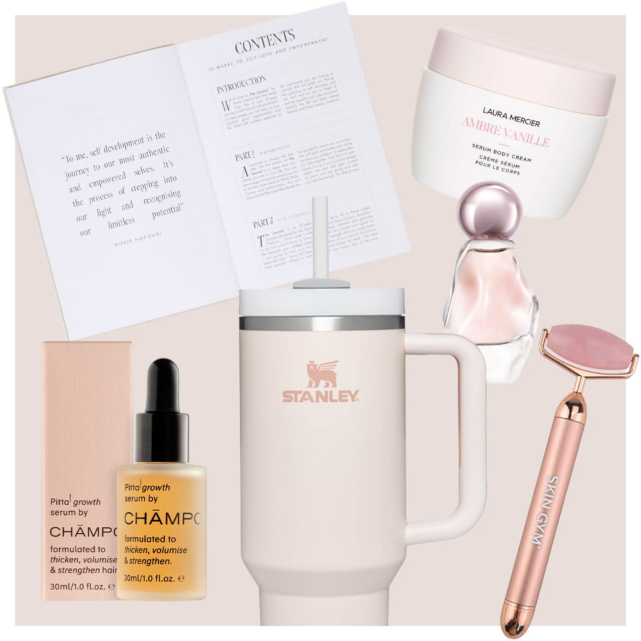 collage of products next to a pink stanley cup