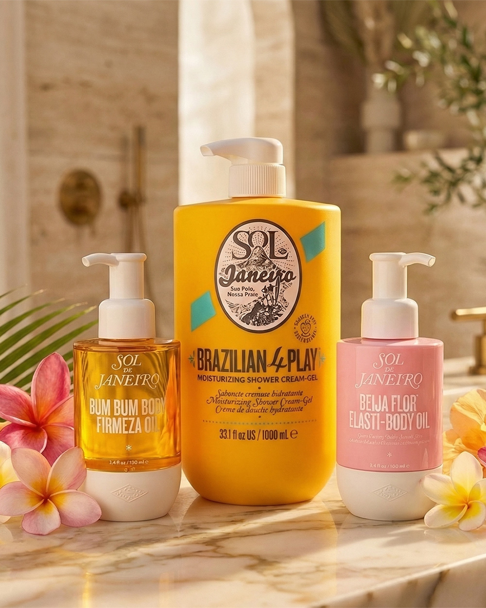 A collection of Sol de Janeiro products on a marble surface.