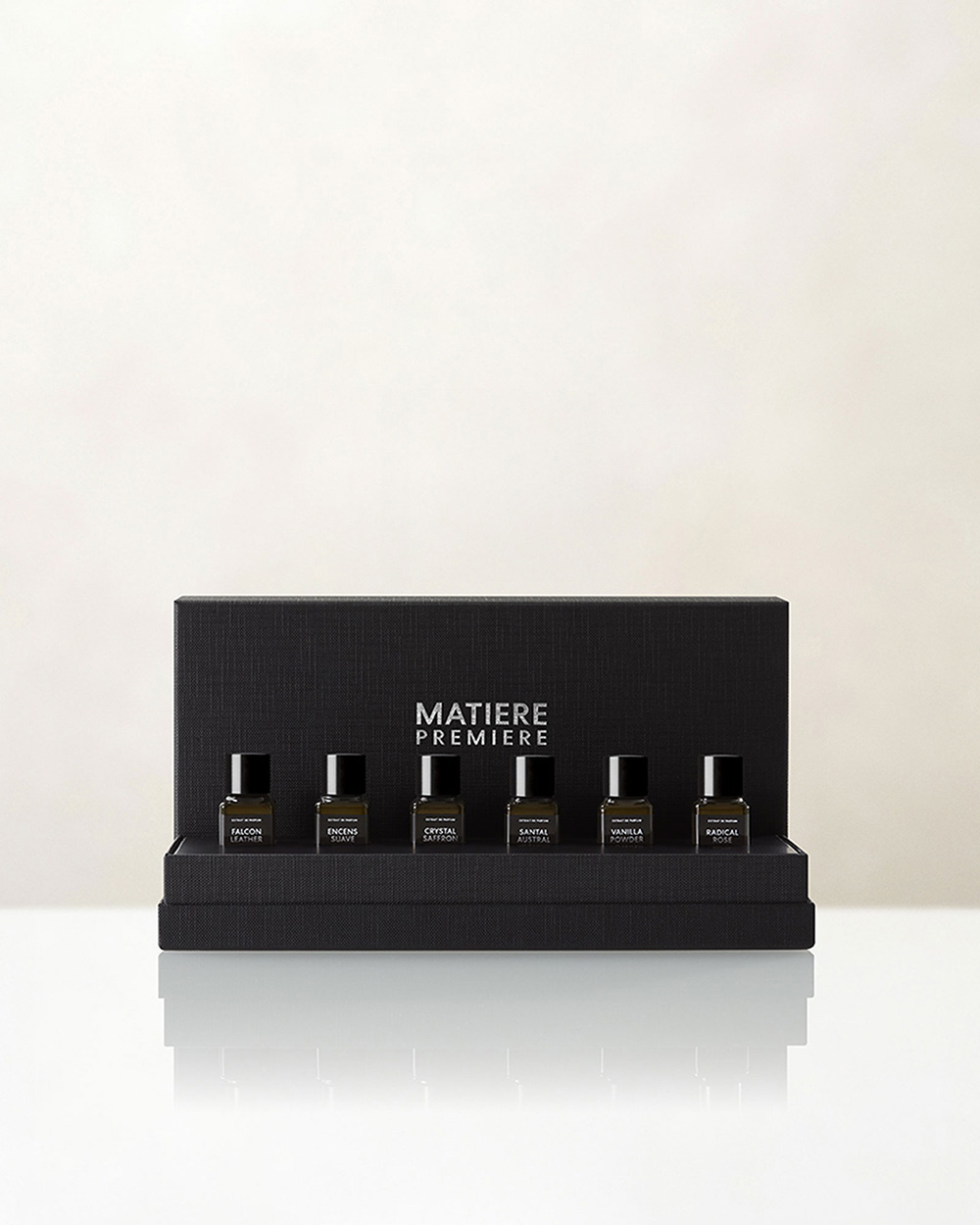 A set of six small perfume bottles in a black display box labeled Matiere Premiere.