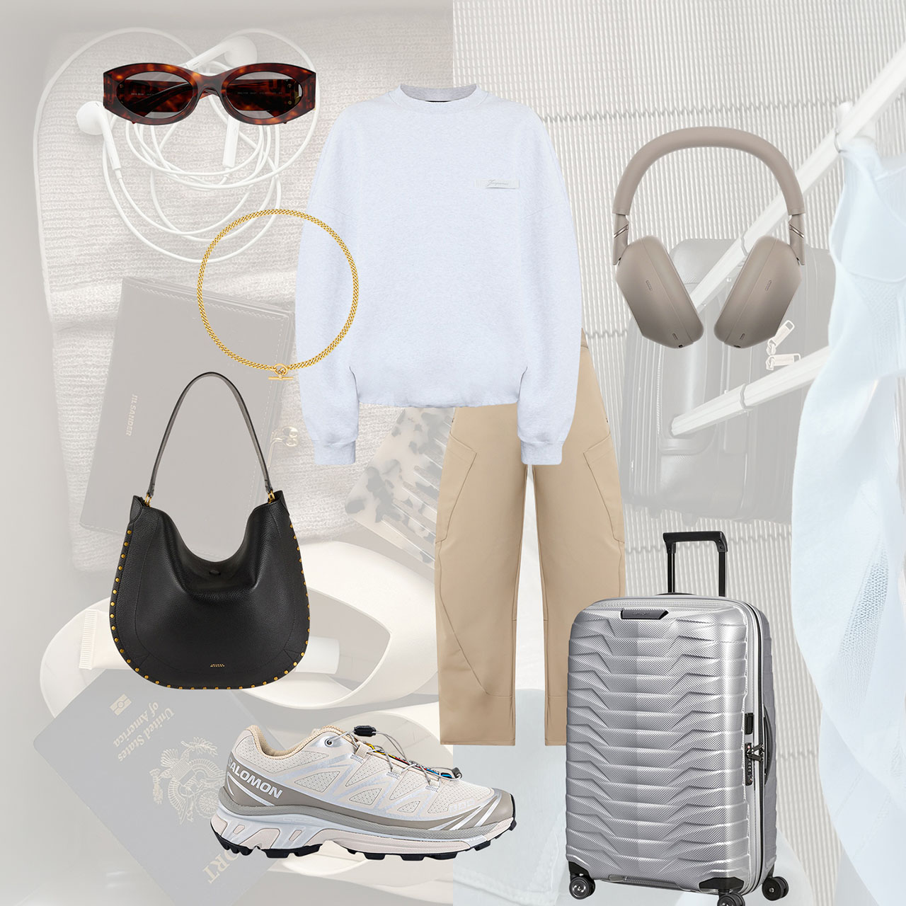 Airport style outfit featuring white sweatshirt, beige cargo trousers, black hobo bag, tortoiseshell sunglasses, gold chain necklace, white trainers, silver luggage, headphones and white earbuds.