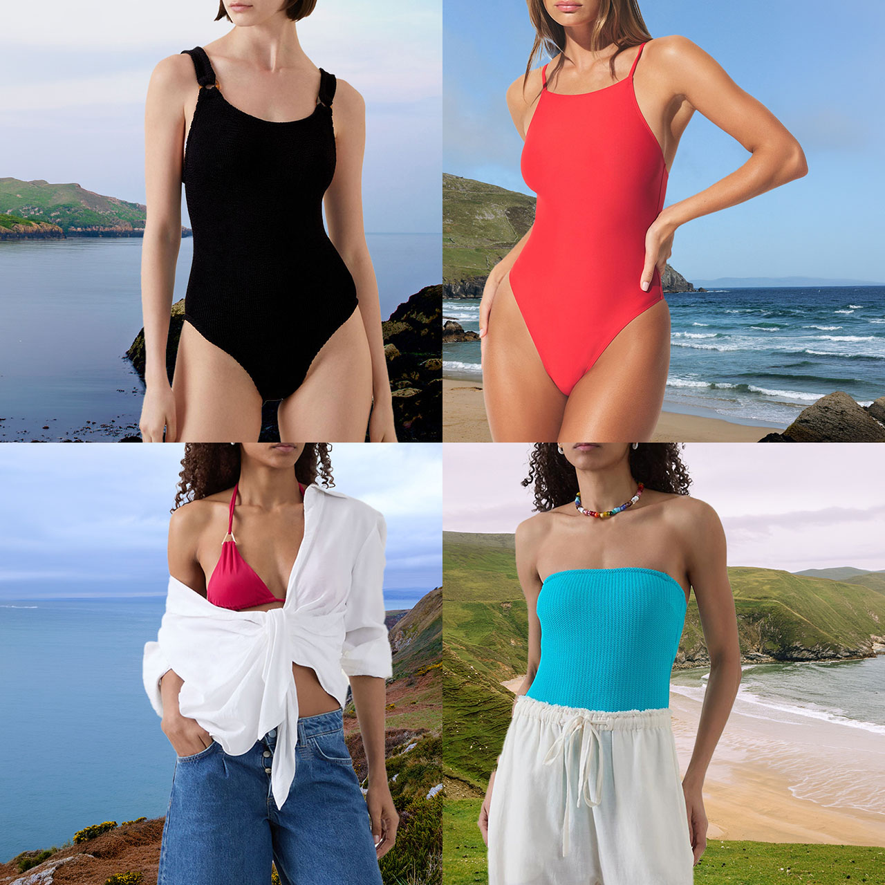 Swimwear collection featuring black, red, turquoise and coral one-piece swimsuits styled at coastal Irish beaches with rock formations.