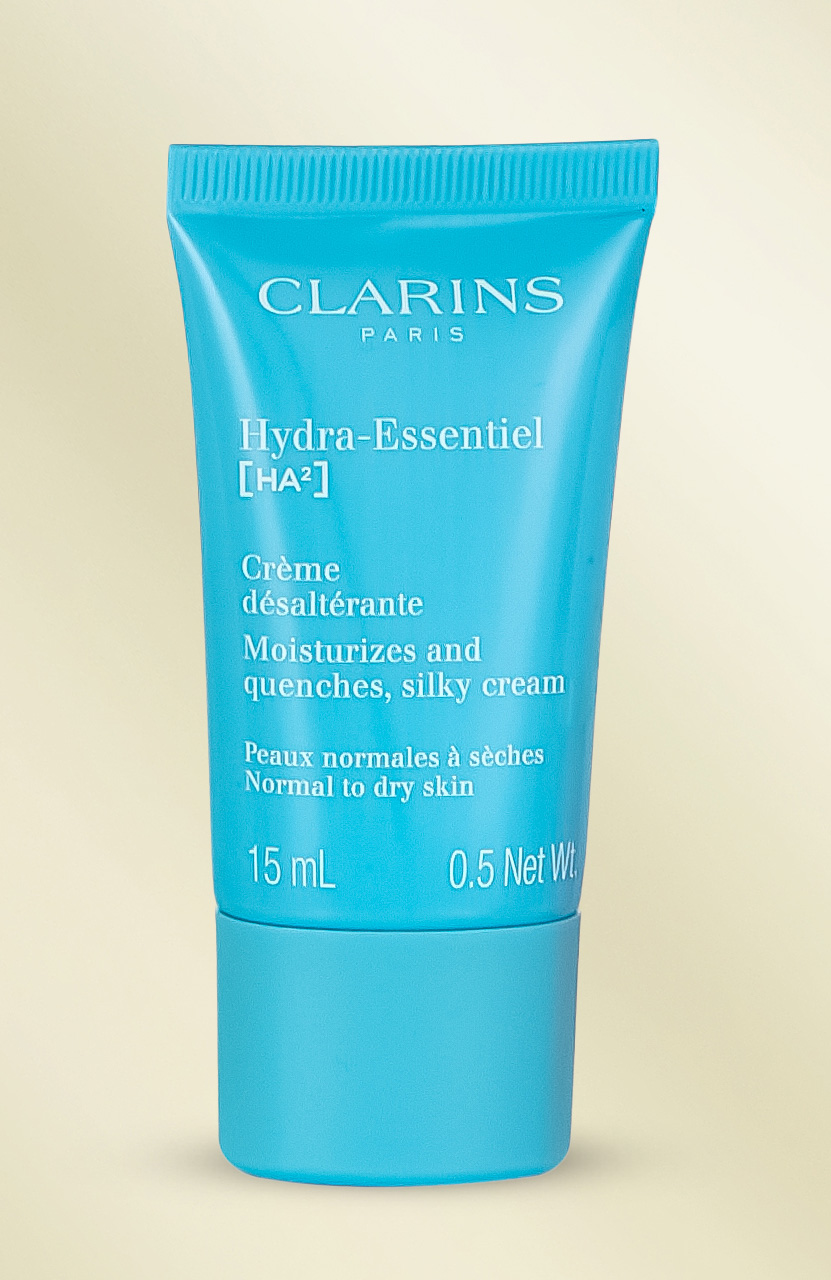 Blue tube of Clarins Hydra-Essentiel moisturizing cream for normal to dry skin, 15 mL.