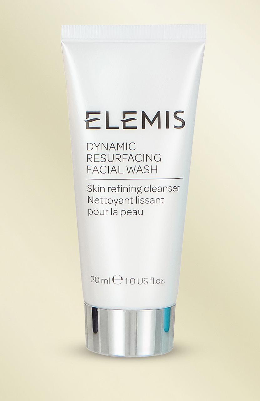 A white tube of Elemis Dynamic Resurfacing Facial Wash, 30 ml size, with a silver cap.