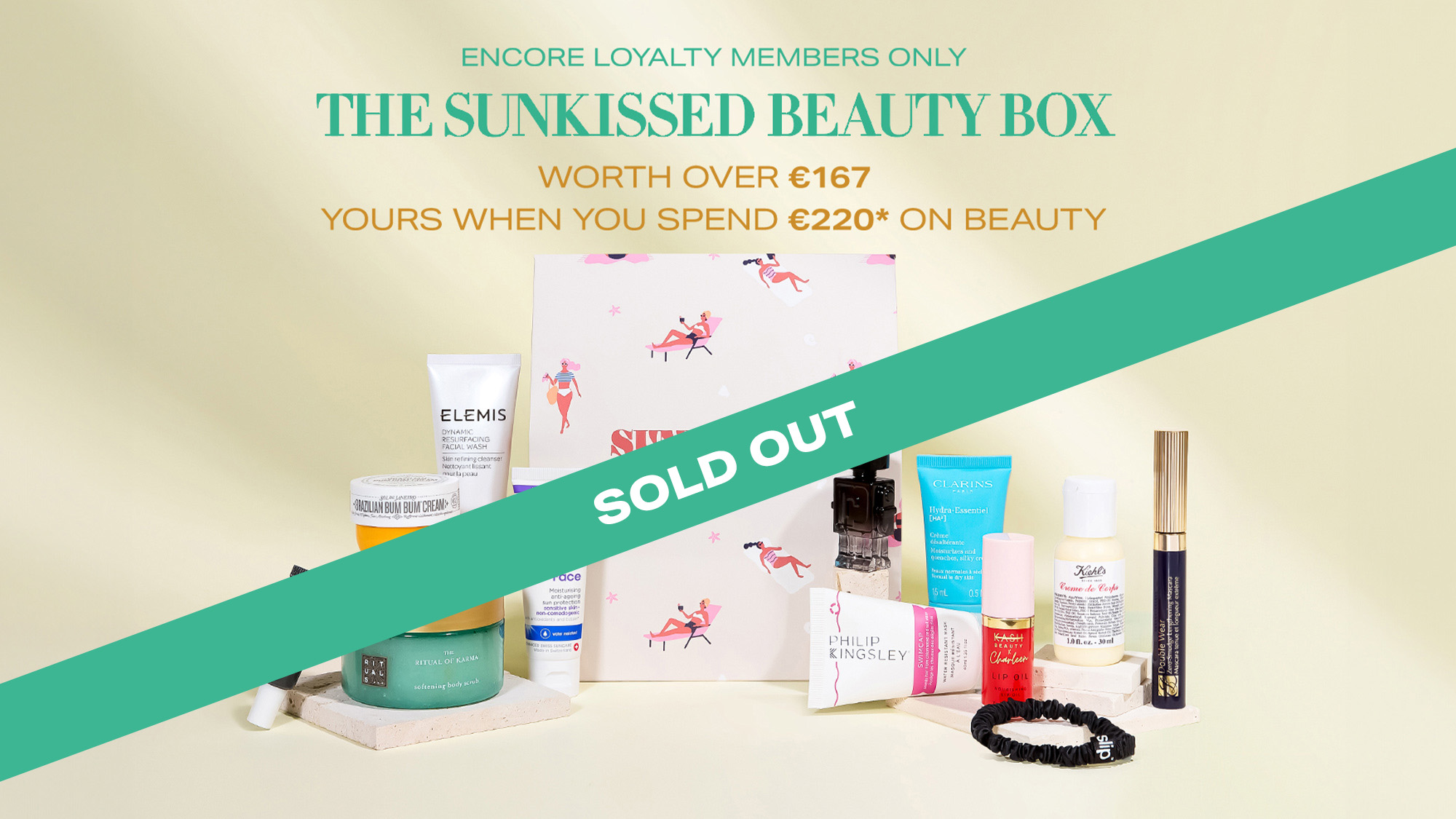 Beauty products with a 'Sold Out' banner. Text promotes a 'Sunkissed Beauty Box' offer for loyalty members.