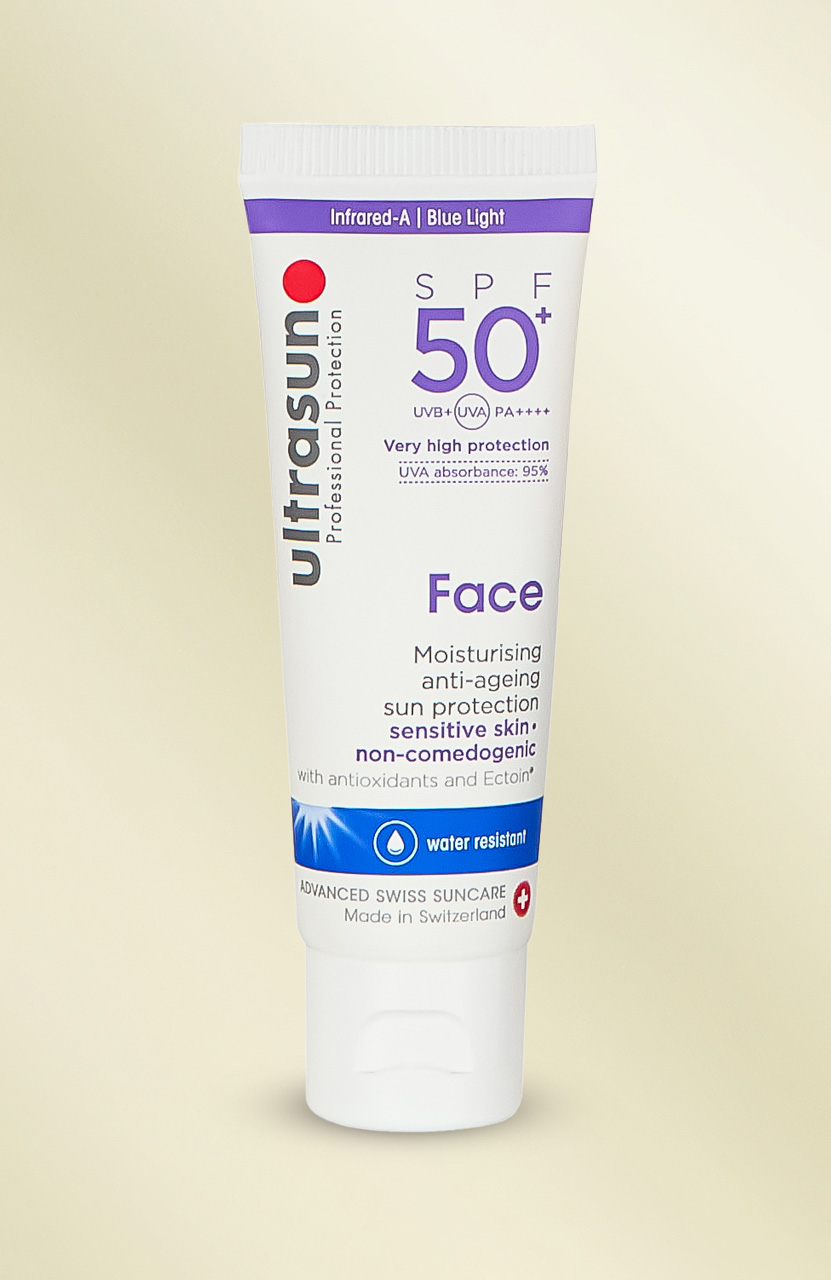 A tube of Ultrasun SPF 50+ sunscreen for the face, offering moisturising, anti-aging, and non-comedogenic protection for sensitive skin.