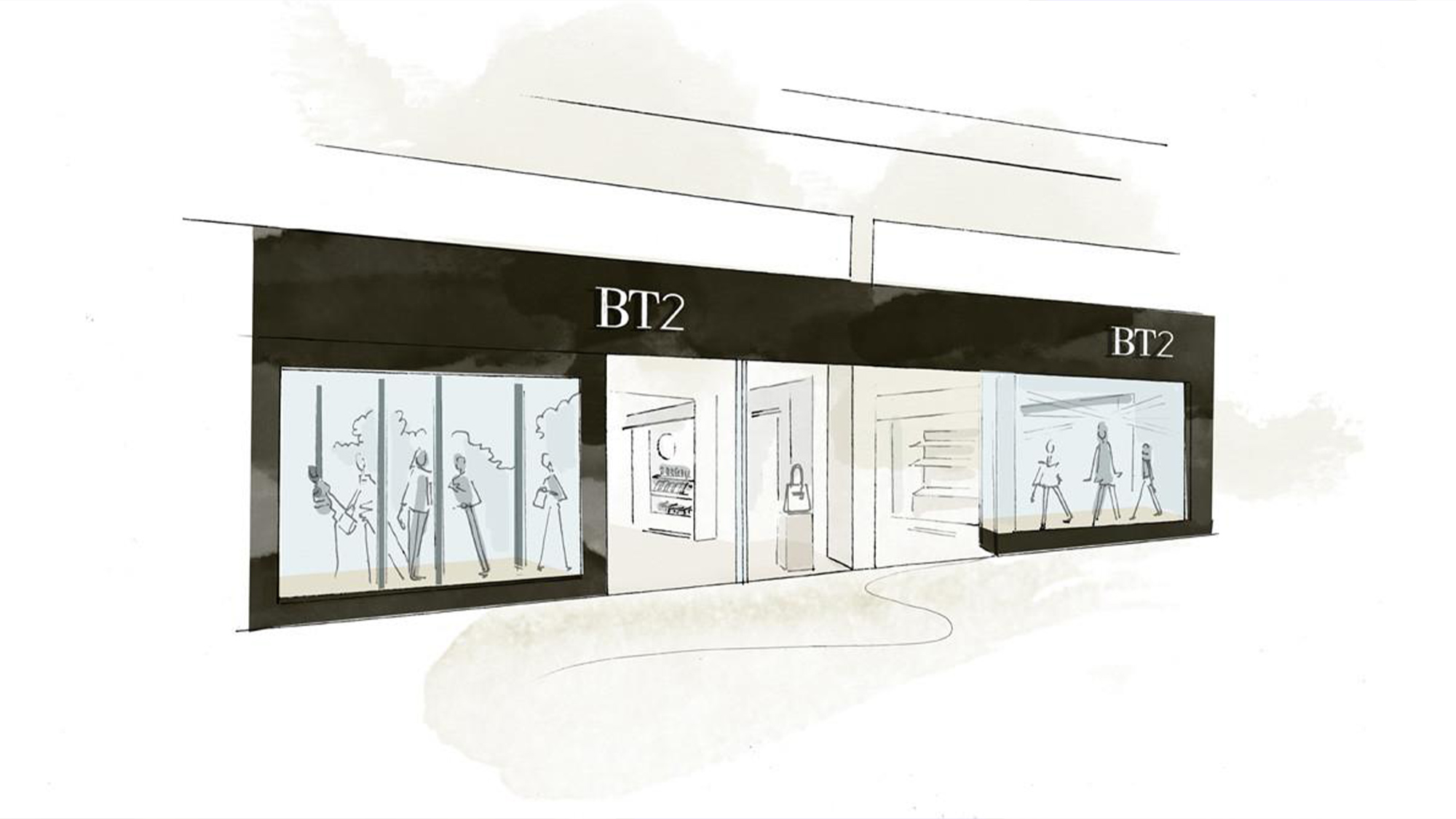 Illustration of a storefront labeled 'BT2' with display windows showing abstract human figures.

