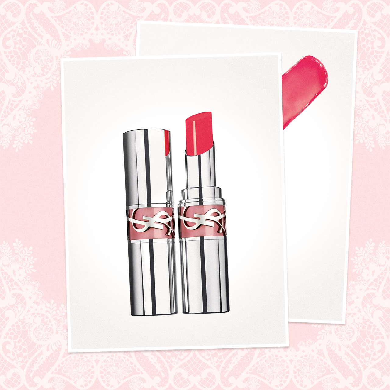 YSL Loveshine lipstick in coral shade with cap removed, shown from front and back views on pink lace background