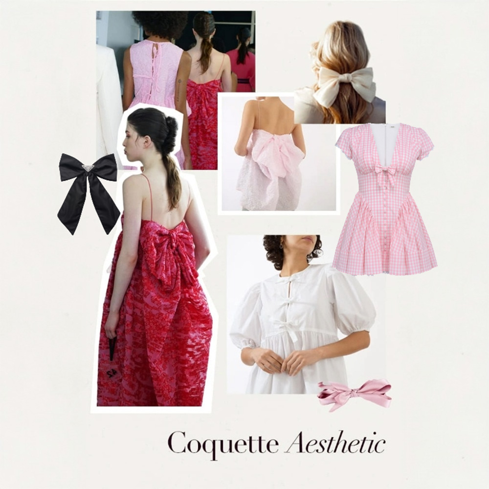 Coquette aesthetic fashion featuring bows, lace trims, frills and delicate adornments celebrating womanhood