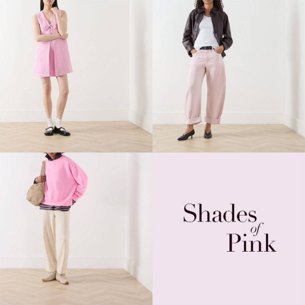 Pink fashion pieces including accessories, trainers and dresses in varying shades from subtle to bold