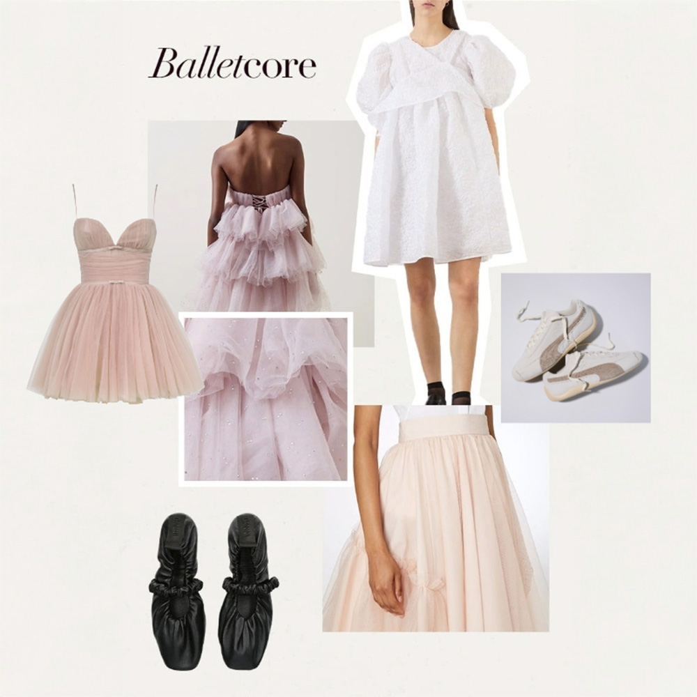 Balletcore fashion inspired by ballet dancers featuring soft hues, flowing tulle dresses and ballet-inspired footwear