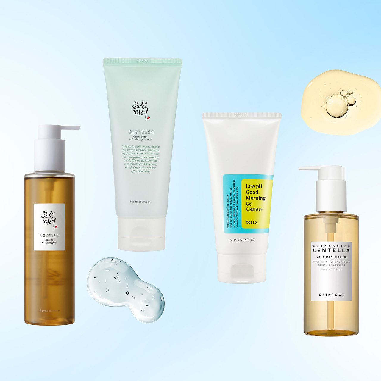 Five Korean cleansing products including oil cleanser, foam cleanser, and cleansing balm with texture swatches on blue background