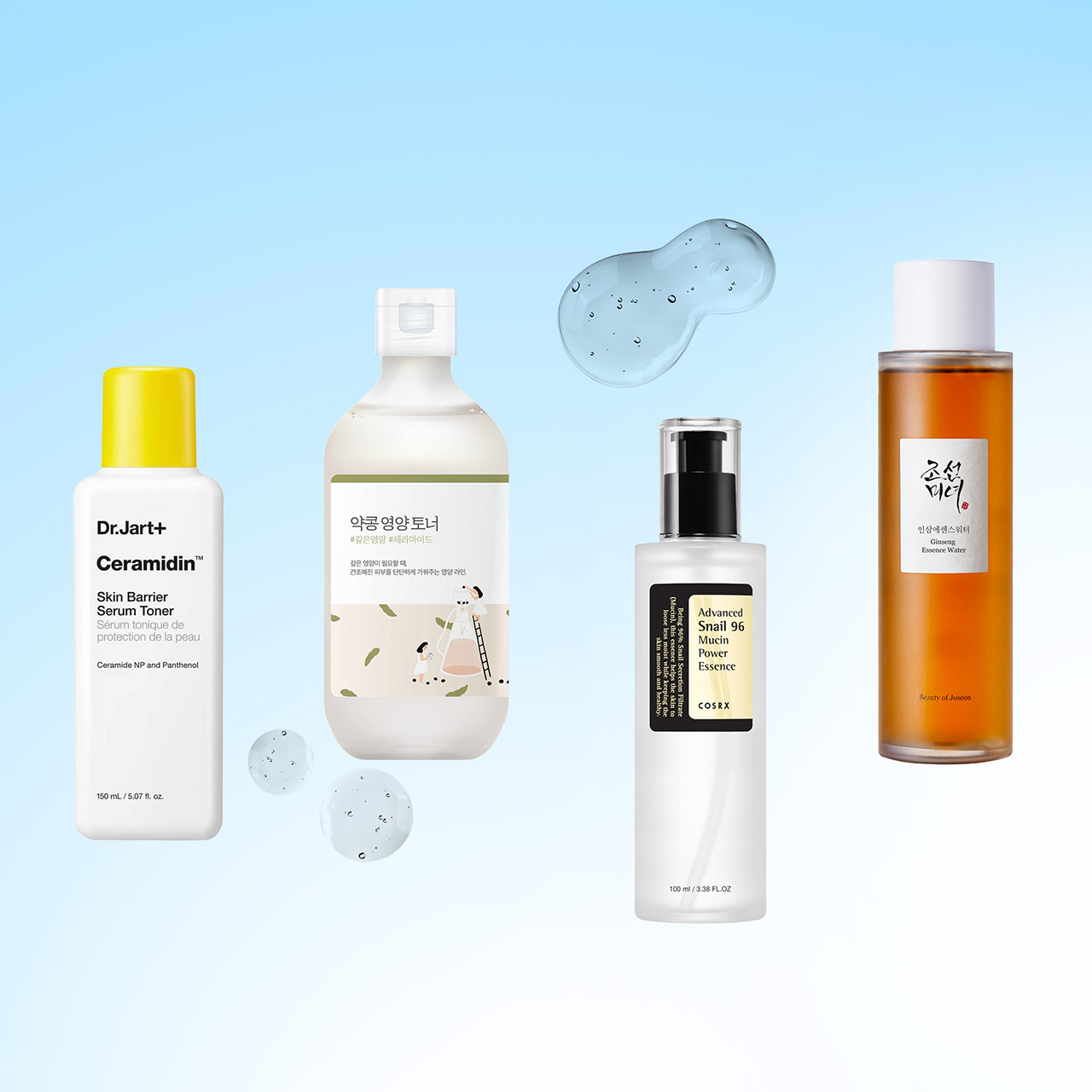 Four Korean essence and serum products including snail mucin and ginseng water with liquid texture samples on blue background