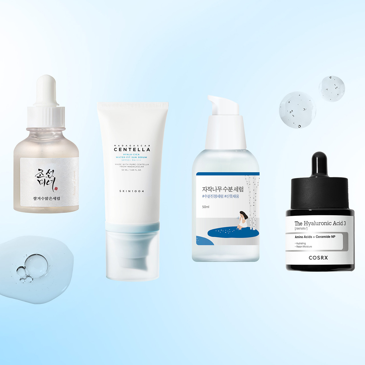 Five Korean serum and ampoule products including hyaluronic acid and botanical serums with liquid droplets on blue background