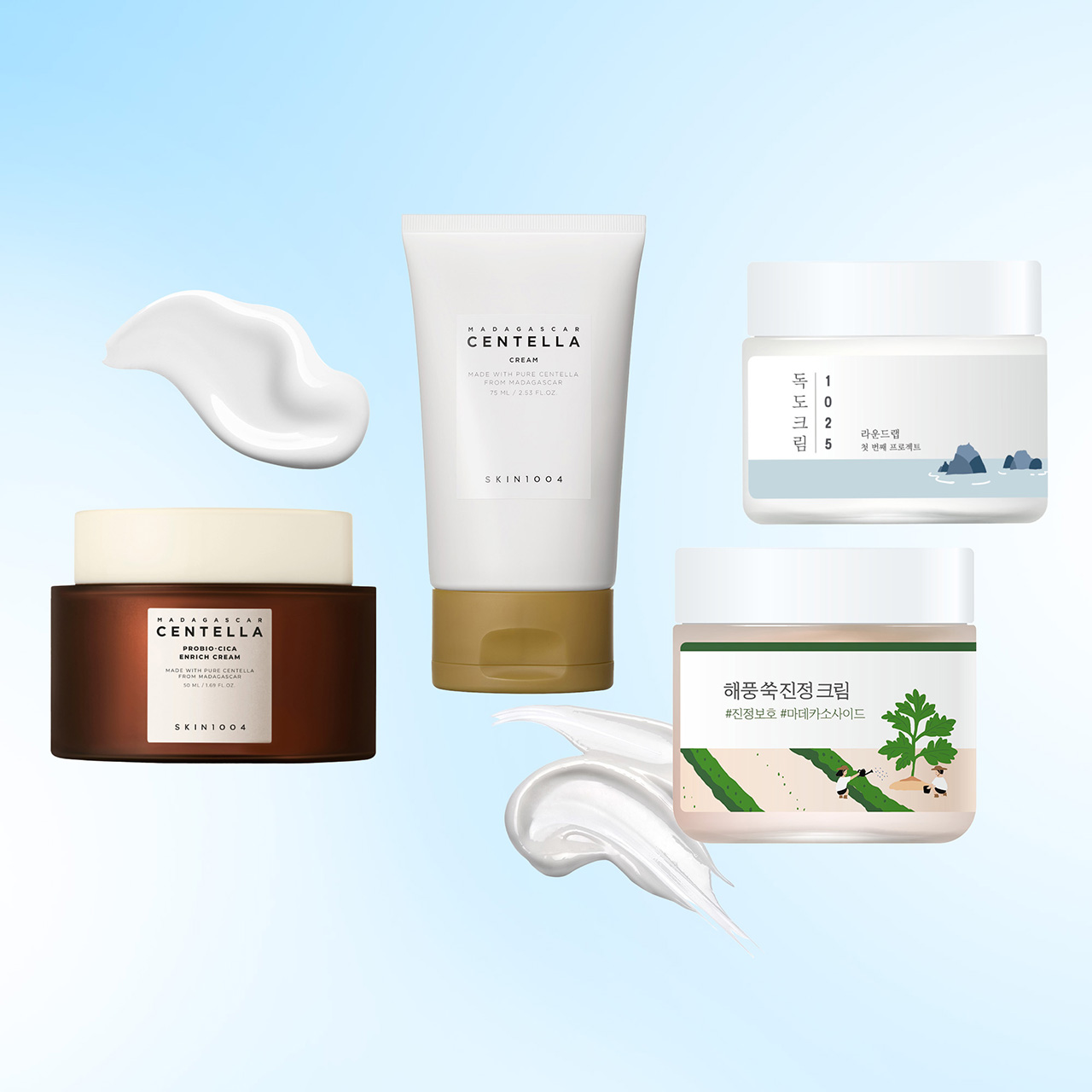 Four Korean moisturiser products including rich creams and gel moisturisers with texture swatches on blue background