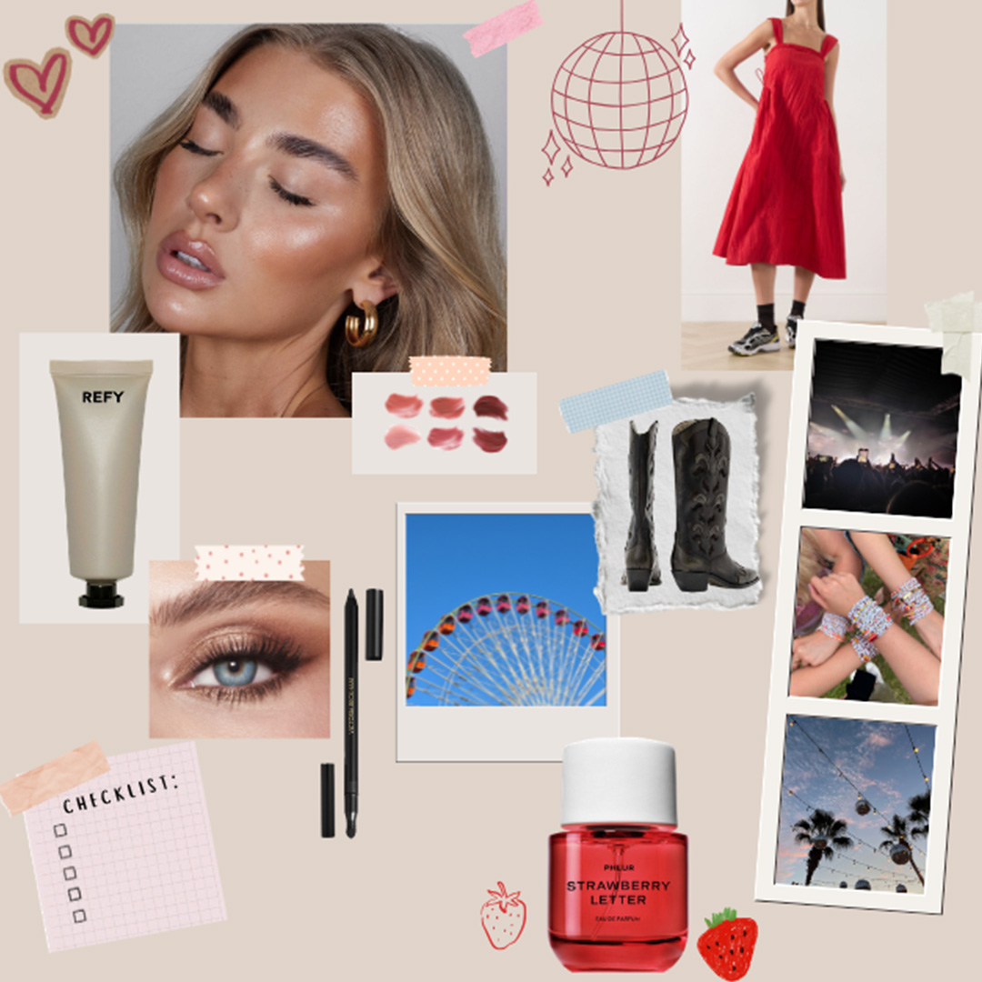 Beauty and fashion collage featuring makeup products, eyeshadow swatches, red dress, black boots, concert imagery, and cosmetics including foundation and perfume.