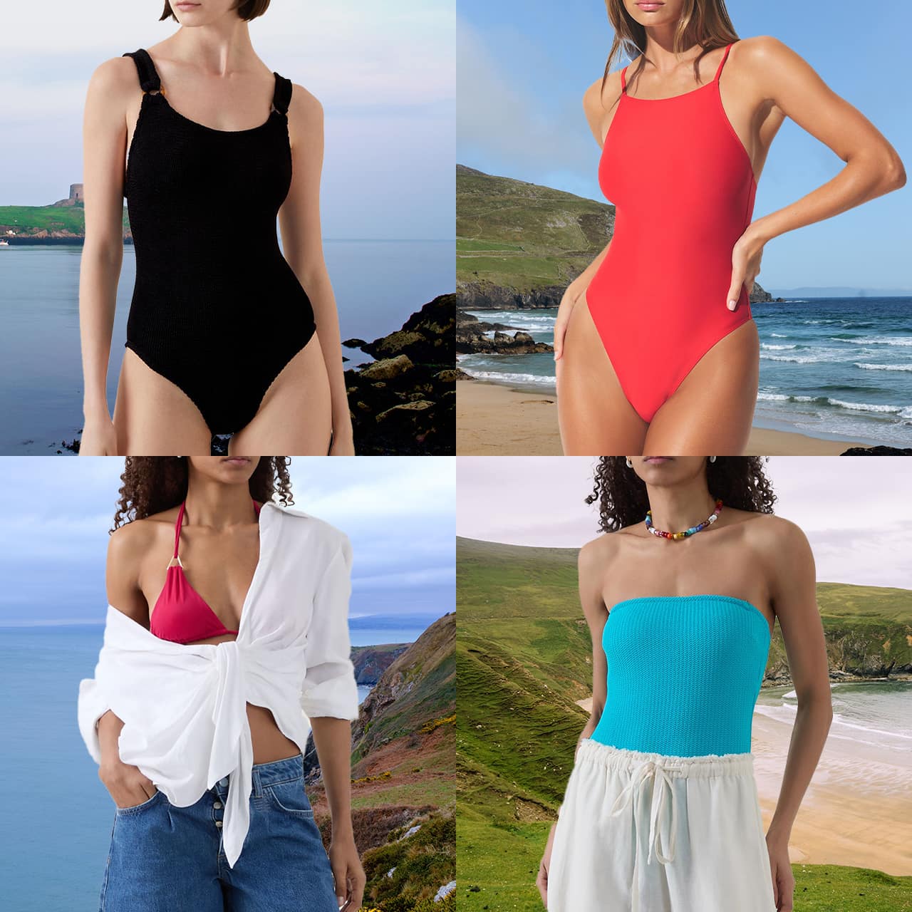 Five women modelling different swimwear styles including black one-piece, coral swimsuit, pink bikini and turquoise crop top against coastal backgrounds